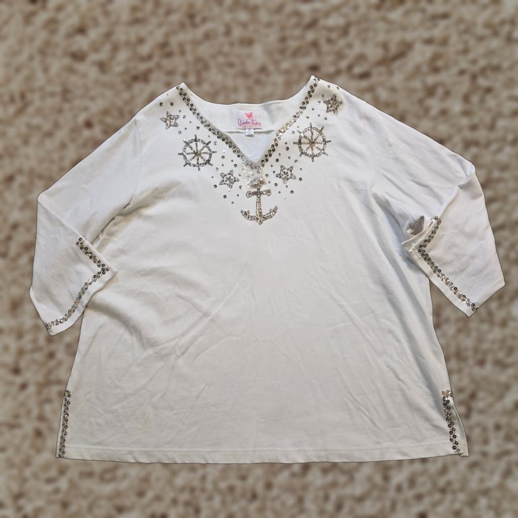 Quacker Factory Quacker Factory Top Women 2X White Anchors Sequins Nautical Stretch Casual Beach Blouse Size XXL / US 16-18 / IT 52-54 - 1 Thumbnail