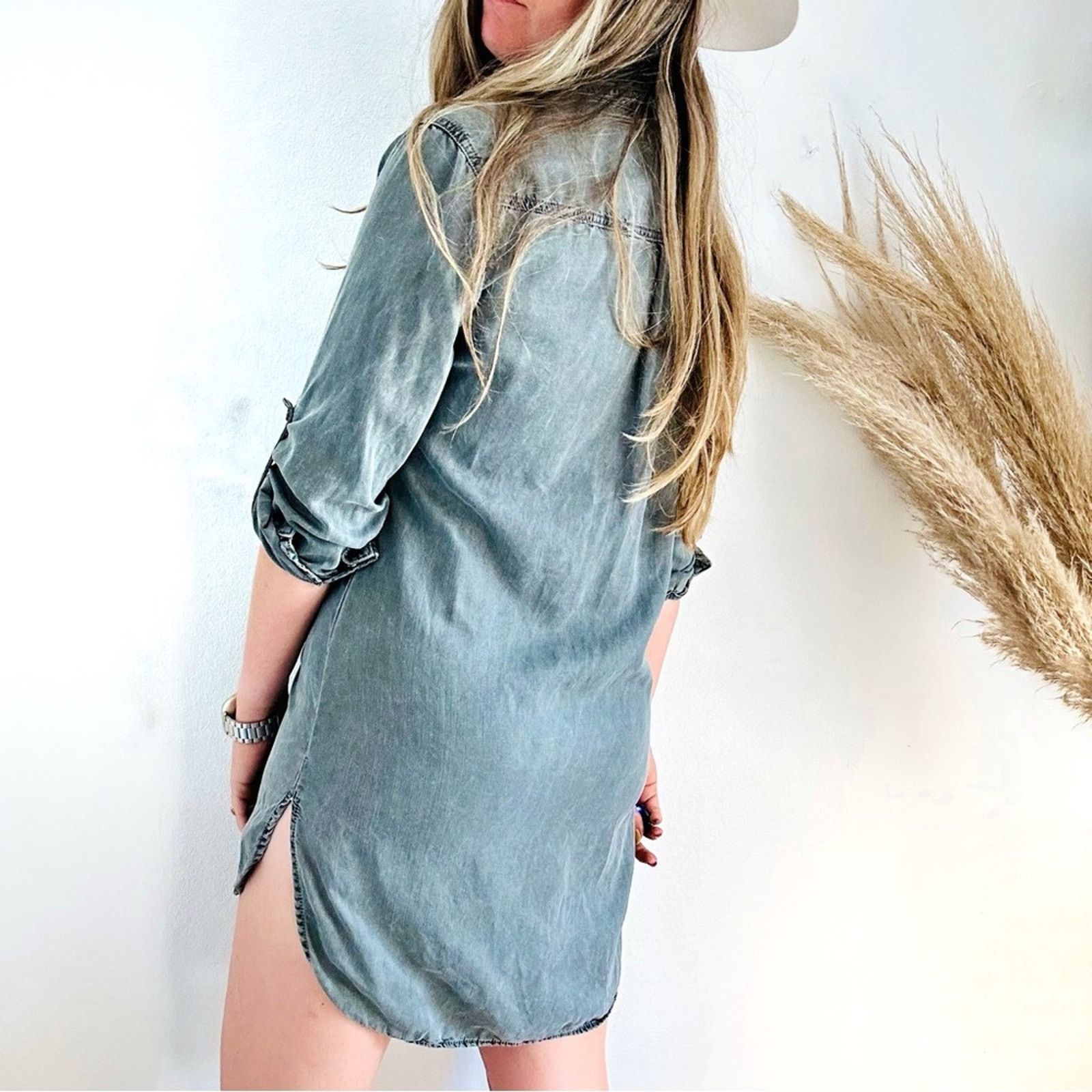 Urban Outfitters SNEAK Washed Black Grey Denim Button Mini Shirt Dress Tunic Size M / US 6-8 / IT 42-44 - 4 Thumbnail