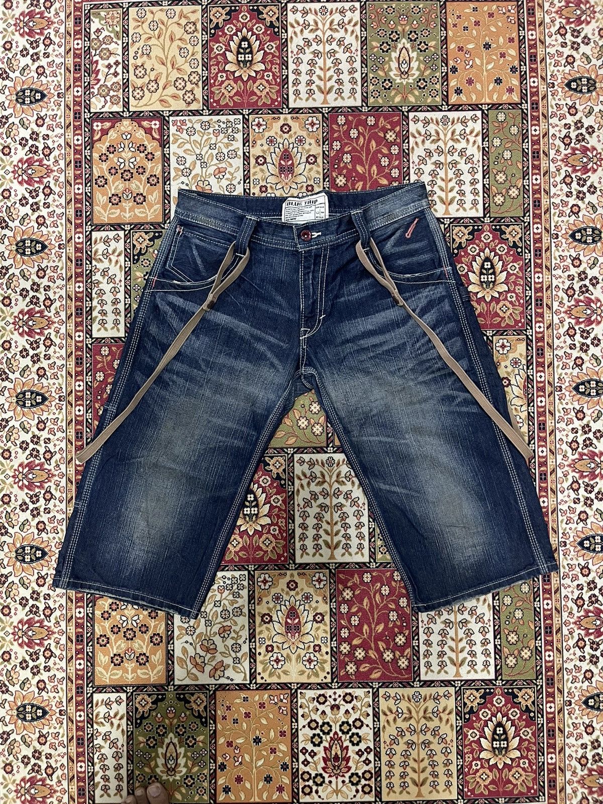 Edwin Blue Trip Buckle Belt Jorts with Suspender Strap Jeans