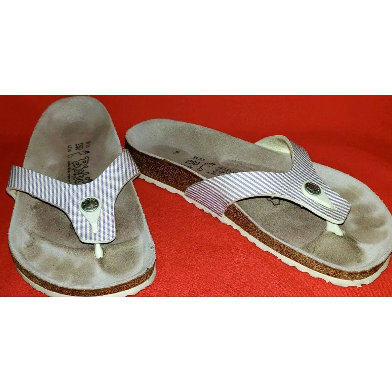 Birkenstock Birkenstock Birki's Women's Toe Post Slide Sandals 8M White Lavender Striped Slip On Casual Size US 6 / IT 36 - 4 Thumbnail