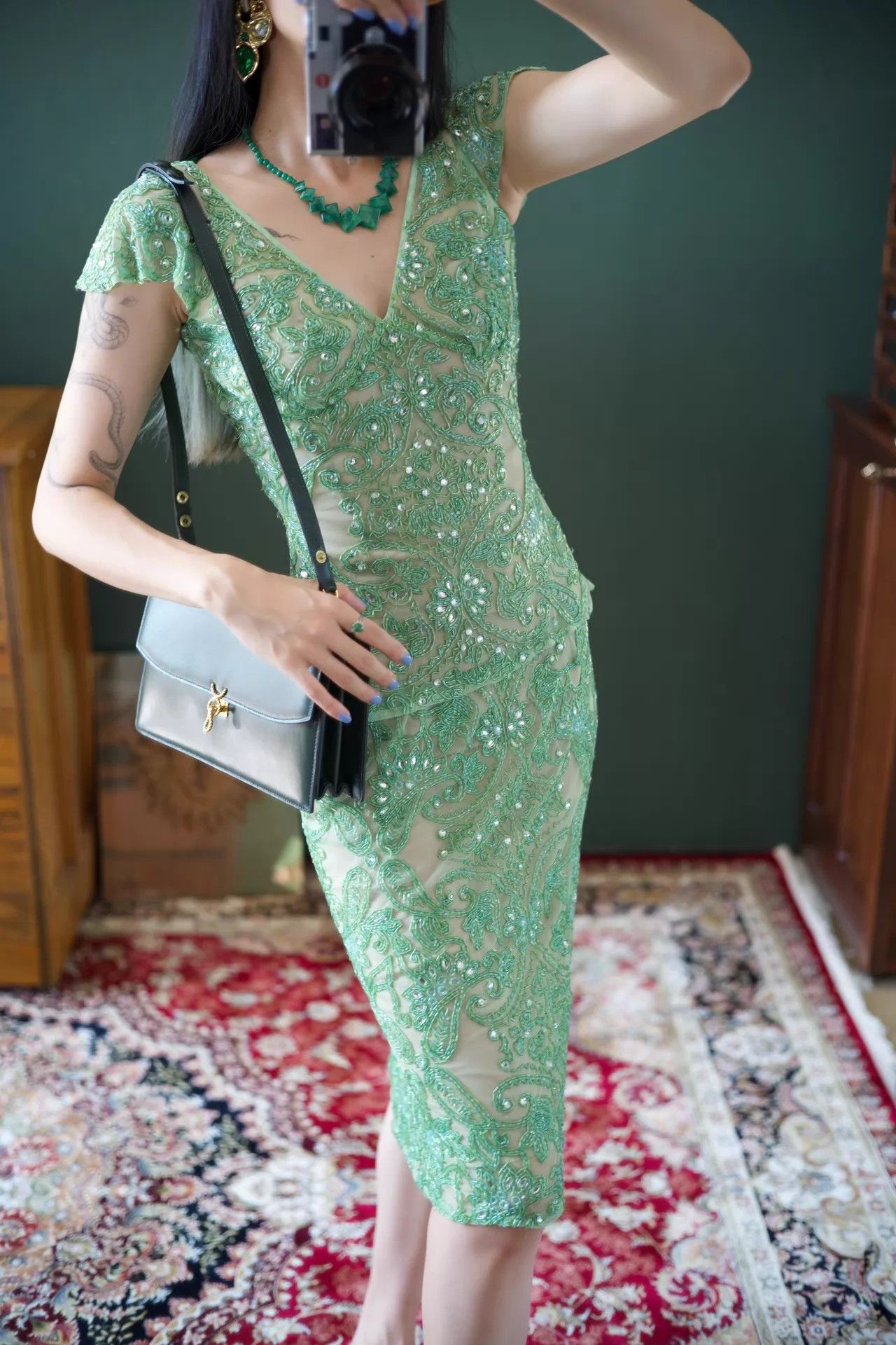 Other Vintage USA Green Silk Organza Hand Beaded Top & Skirt Set Size M / US 6-8 / IT 42-44 - 7 Thumbnail