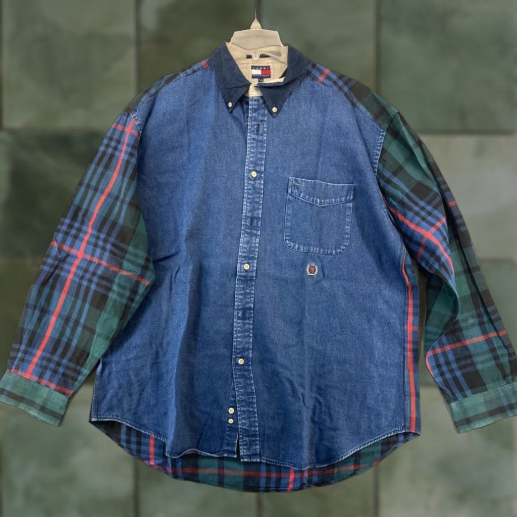 Tommy Hilfiger VTG Tommy Hilfiger Long Sleeve Button Down Shirt Mens L Denim and Green Plaid Size US L / EU 52-54 / 3 - 1 Thumbnail