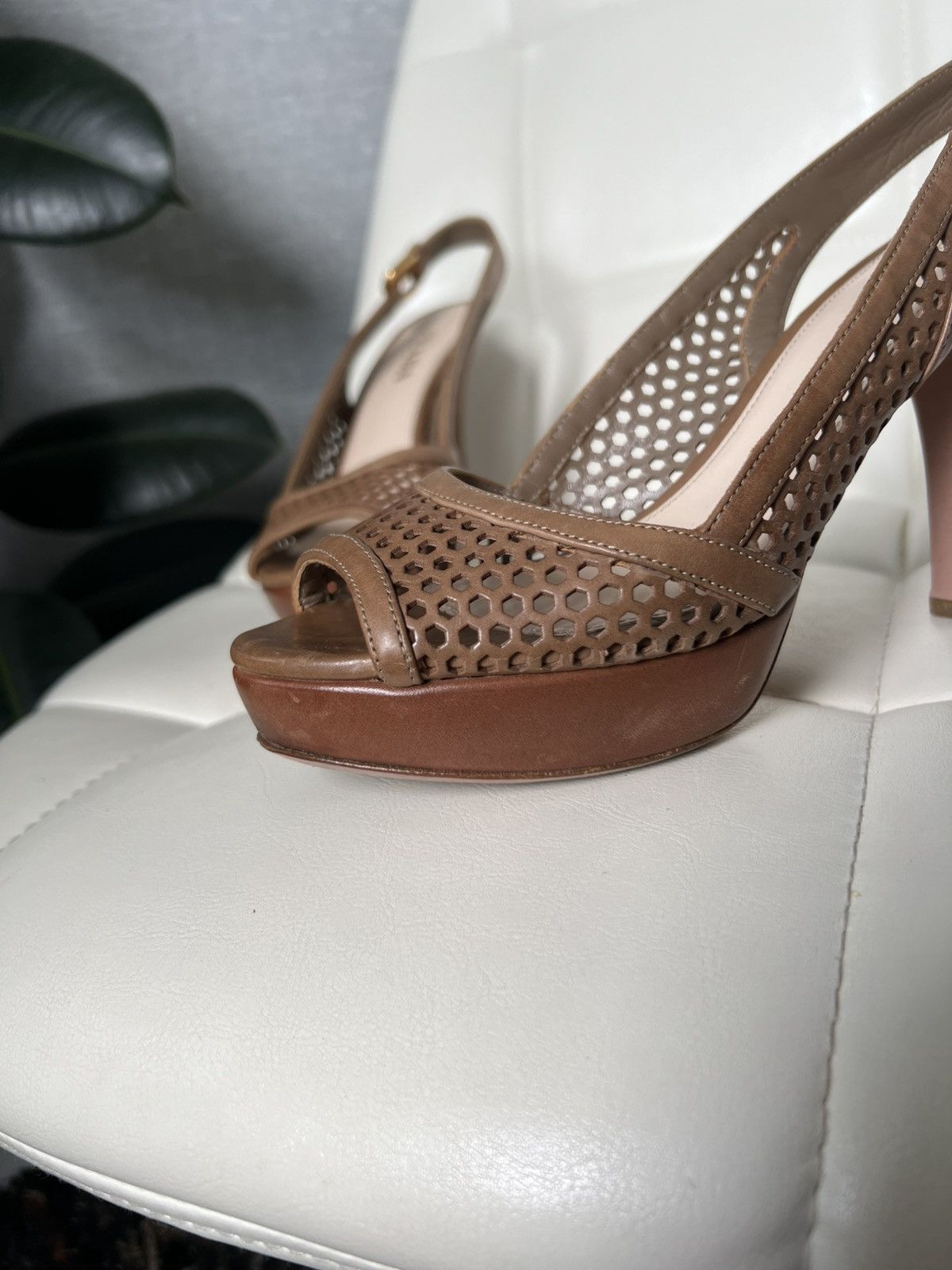 Prada Prada Brown Leather Cutout Peep Toe Slingback Platform Heels Size US 7.5 / IT 37.5 - 3 Thumbnail