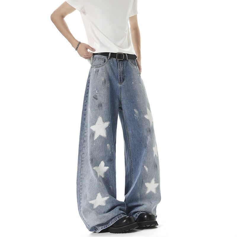 Japanese Brand American men's street loose straight star graffiti jeans Size US 32 / EU 48 - 5 Thumbnail
