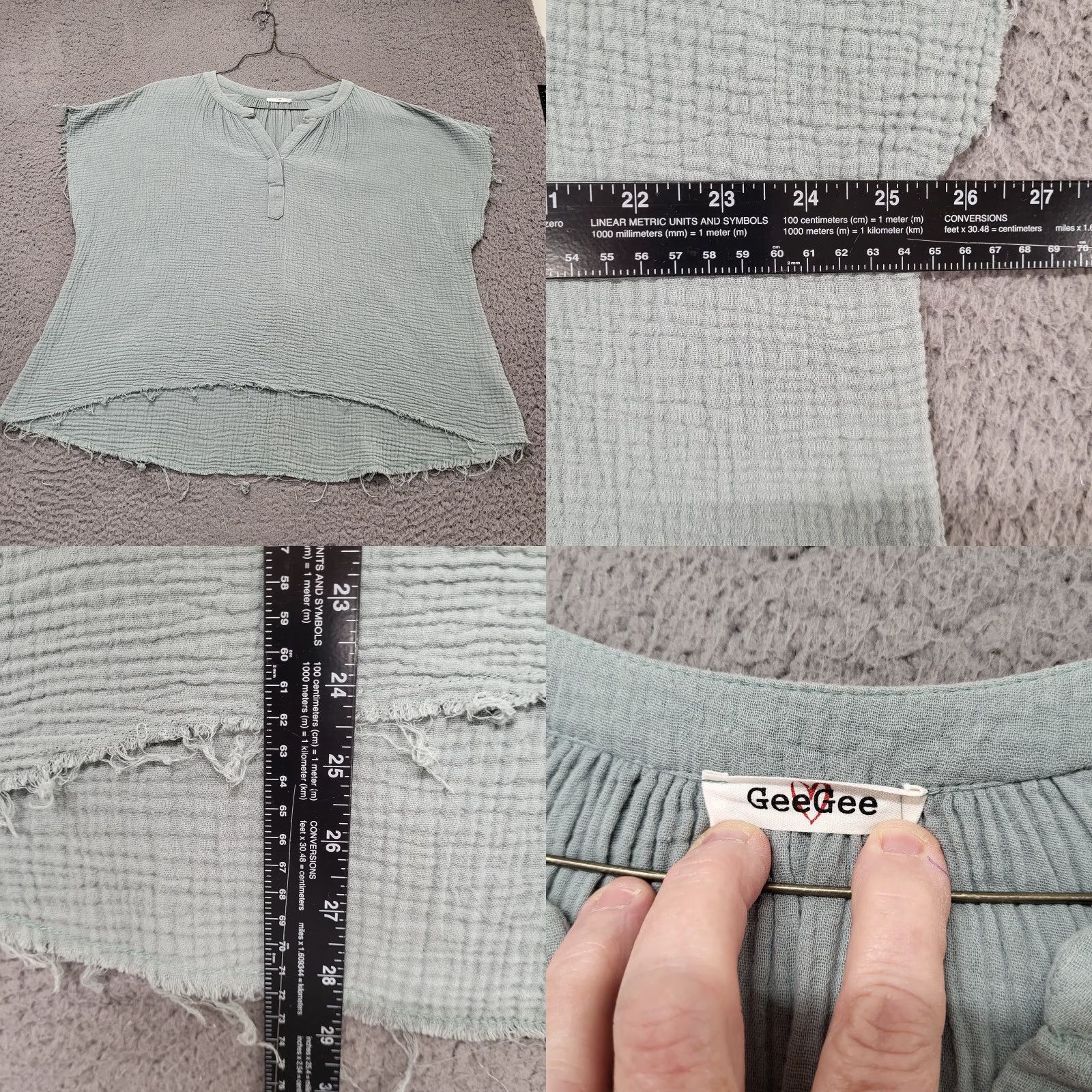 Vintage GeeGee Blouse Women's 3XL 100% Cotton Gauze Collared Short Sleeve Raw Hem Green breathable, lightweight, machine washable, classic, casual, business Size XXL / US 16-18 / IT 52-54 - 8 Thumbnail