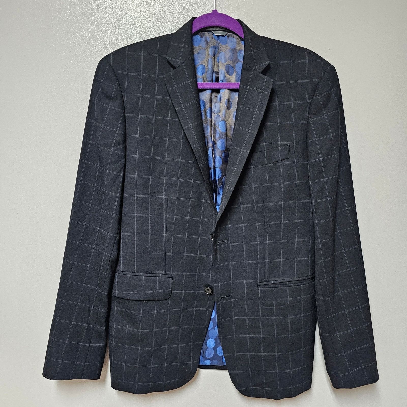 Indochino Blazer Black Windowpane Blue Circle Lining Sz 38R