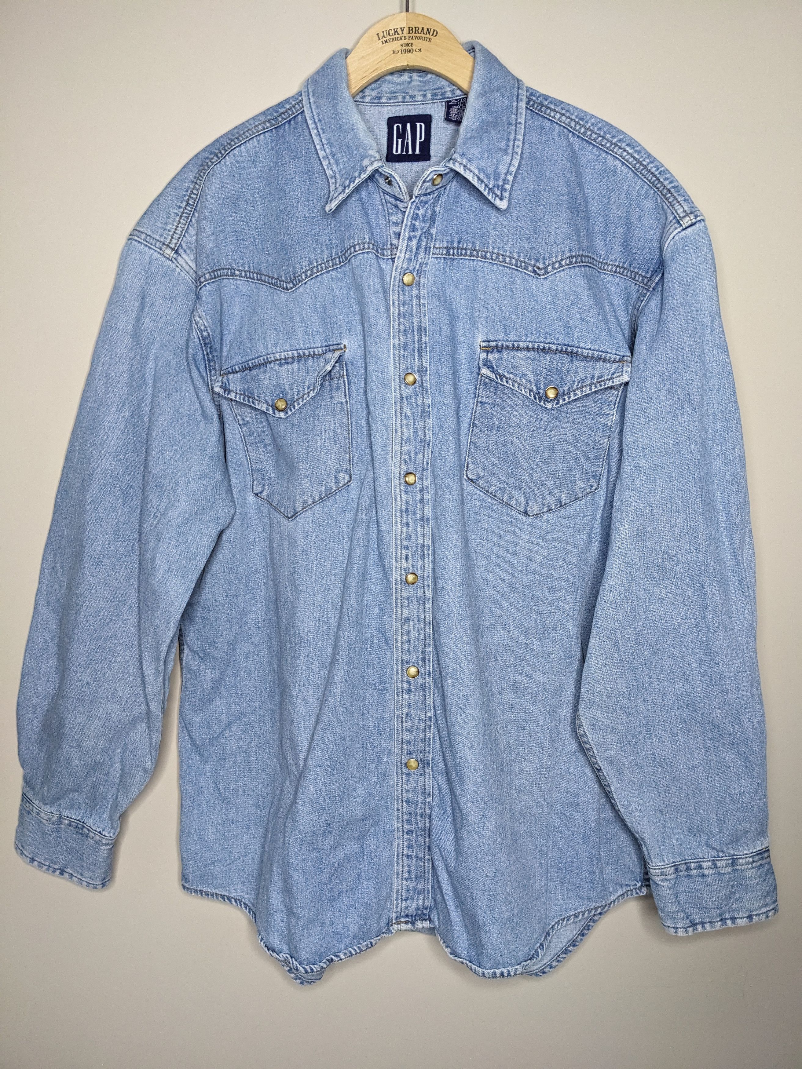 VTG 80s Gap Denim Pearl Snap Shirt XL Long Sleeve Western