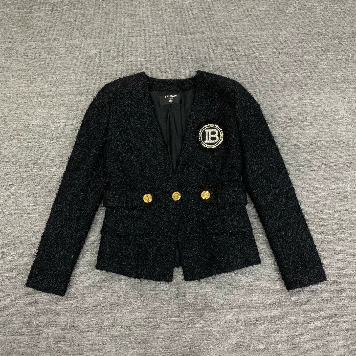 balmain black crystal logo gold button jacket