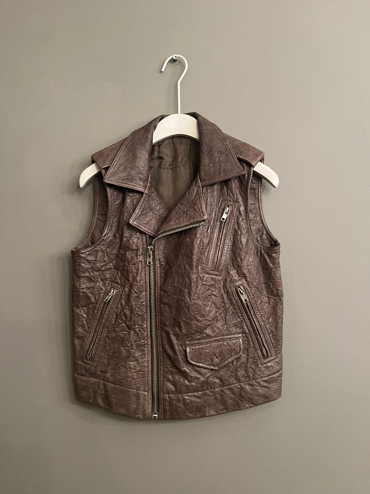 image of Rick Owens Stooges Leather Biker Vest in Dark Dust, Women's (Size Small)