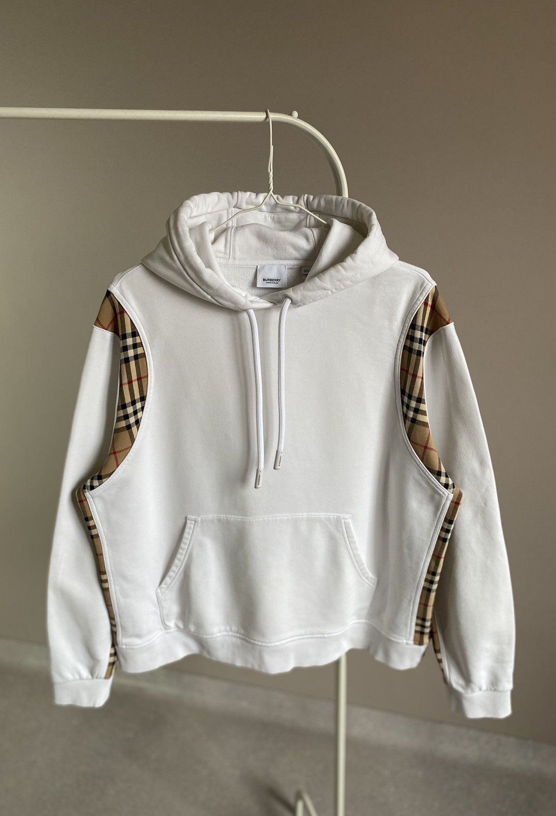 image of Burberry Vintage Check Panel Hoodie in White, Men's (Size Large)