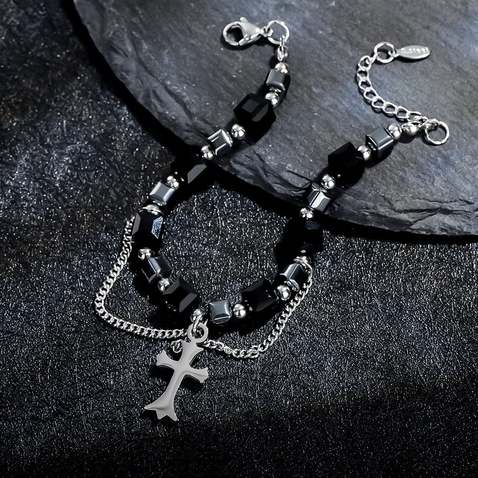 Jewelry Black Beaded Cross Charm Men's Bracelet Size ONE SIZE - 4 Thumbnail
