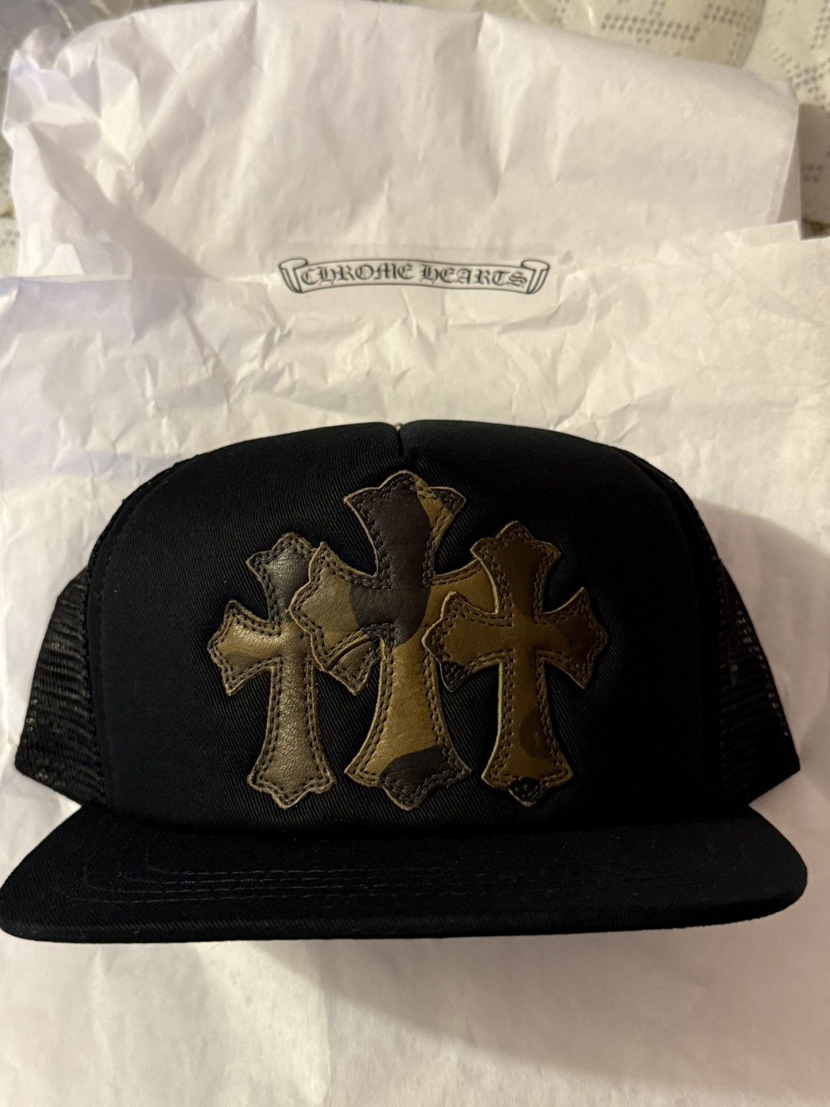 Chrome Hearts Cemetery Cross Leather Patch Trucker Hat