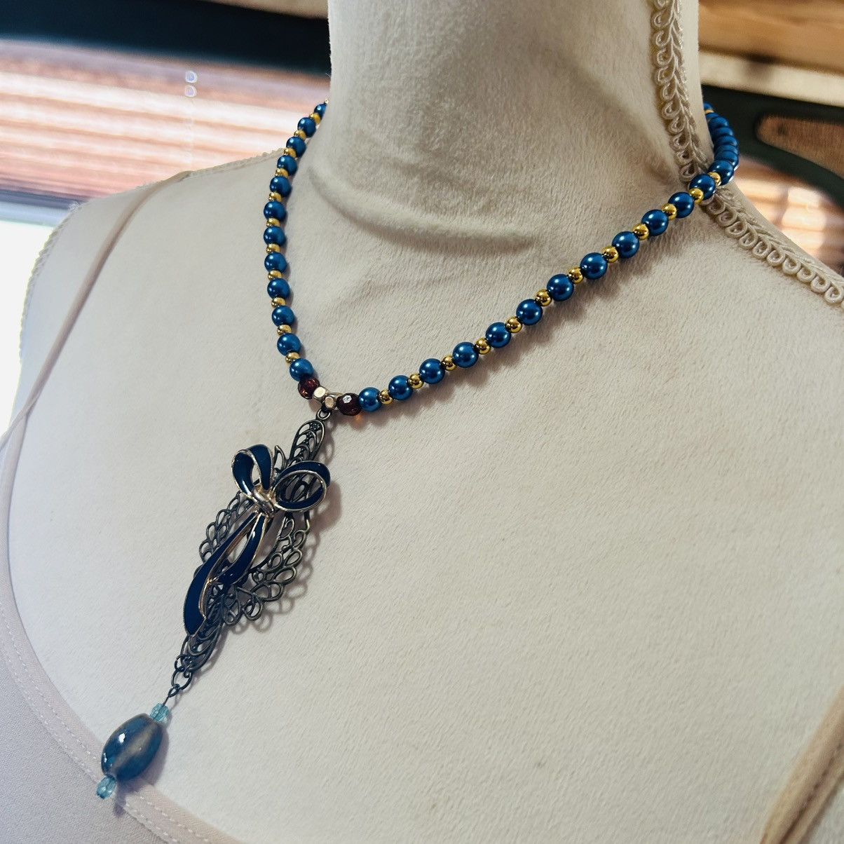 Handmade Handcrafted Czech glass pearl filigree bow pendant necklace Size ONE SIZE - 3 Thumbnail