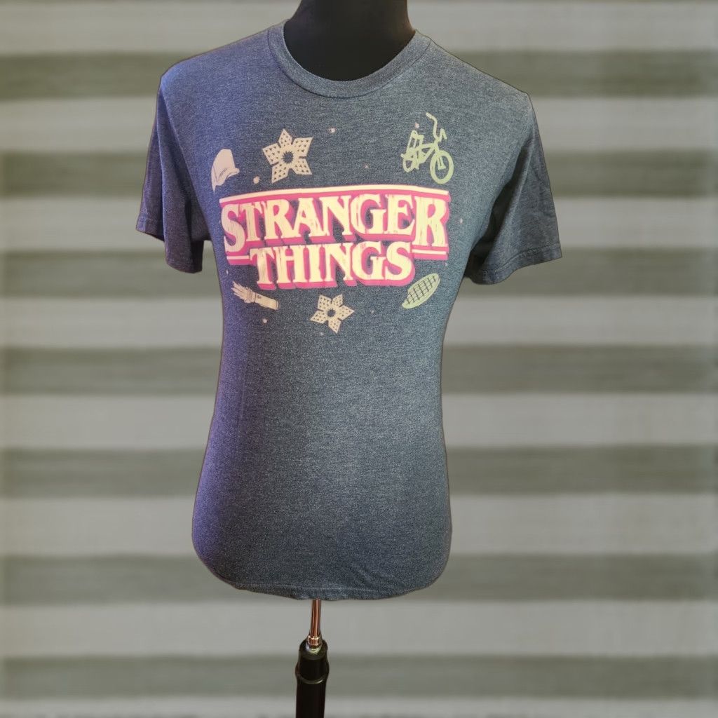 Vintage Netflix Stranger Things Crew Neck Graphic Tee Short Sleeve Blue Heather S Womens Size US 29 - 1 Thumbnail