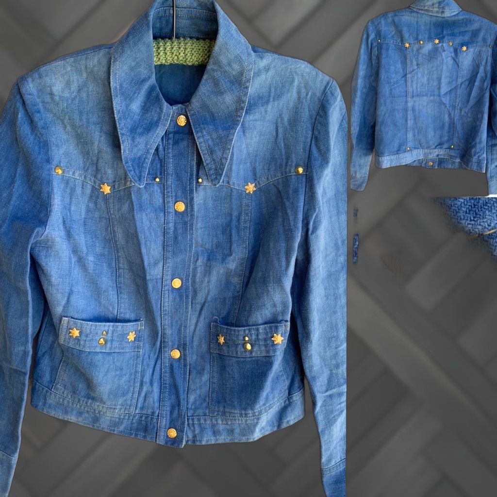 Vintage VINTAGE Denim Jacket Jeans Shirt 80s 70s Style Gold Accents Collared Western Cowgirl Hippie Chic Denim Coat Women M Blue Size M / US 6-8 / IT 42-44 - 1 Thumbnail