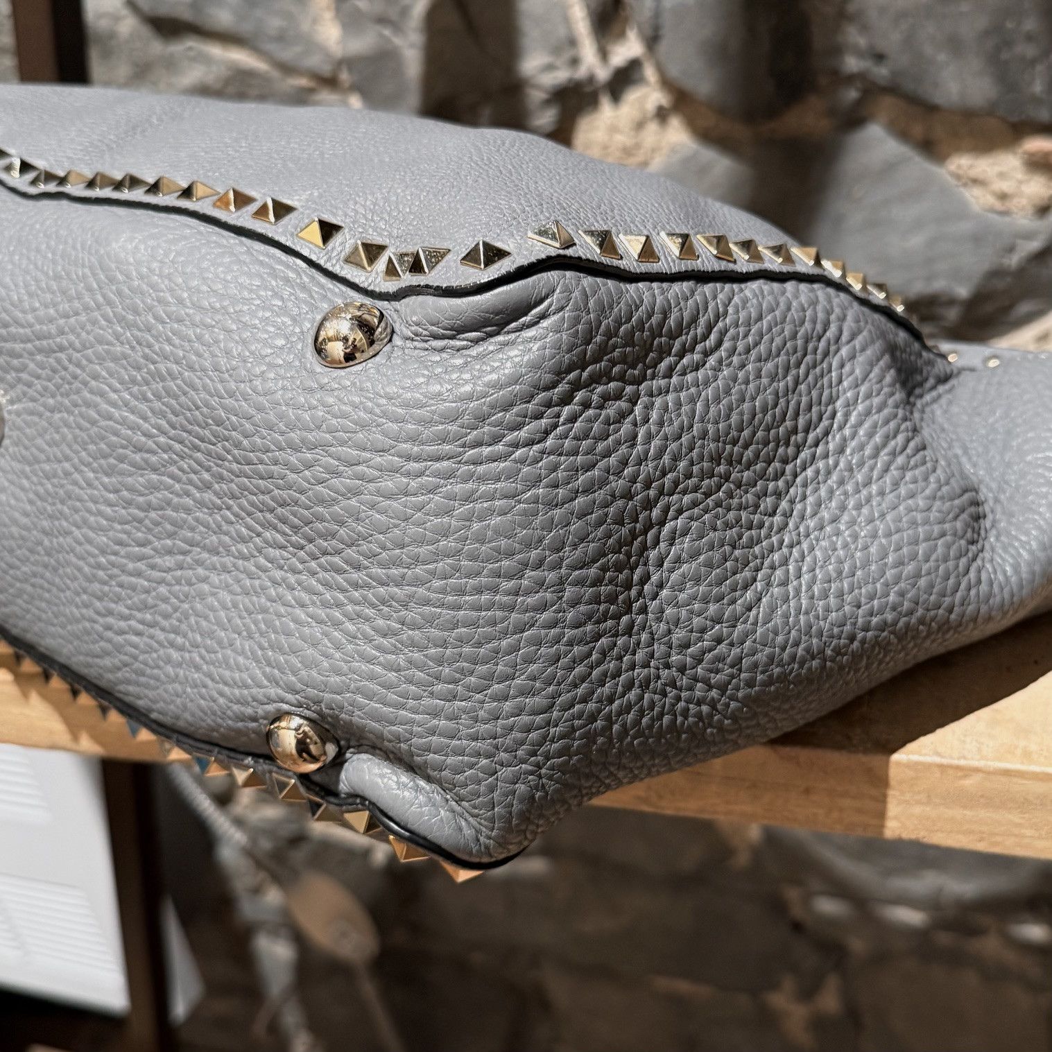 Valentino Valentino Grey Leather Rockstud Medium Shopping Tote Size ONE SIZE - 9 Thumbnail