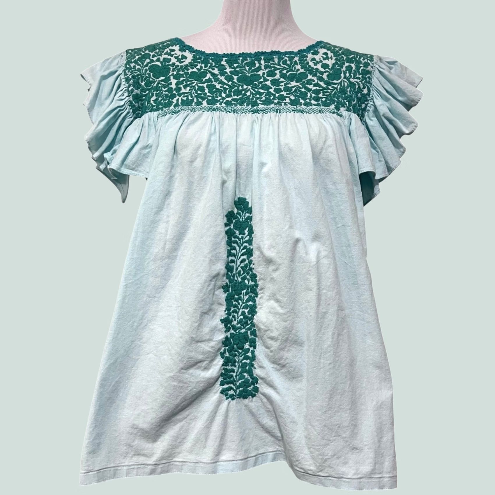 Vintage Mi Golondrina Soledad Embroidered Top Womens M Blue/Green Cotton Ruffle Sleeves Size M / US 6-8 / IT 42-44 - 1 Thumbnail