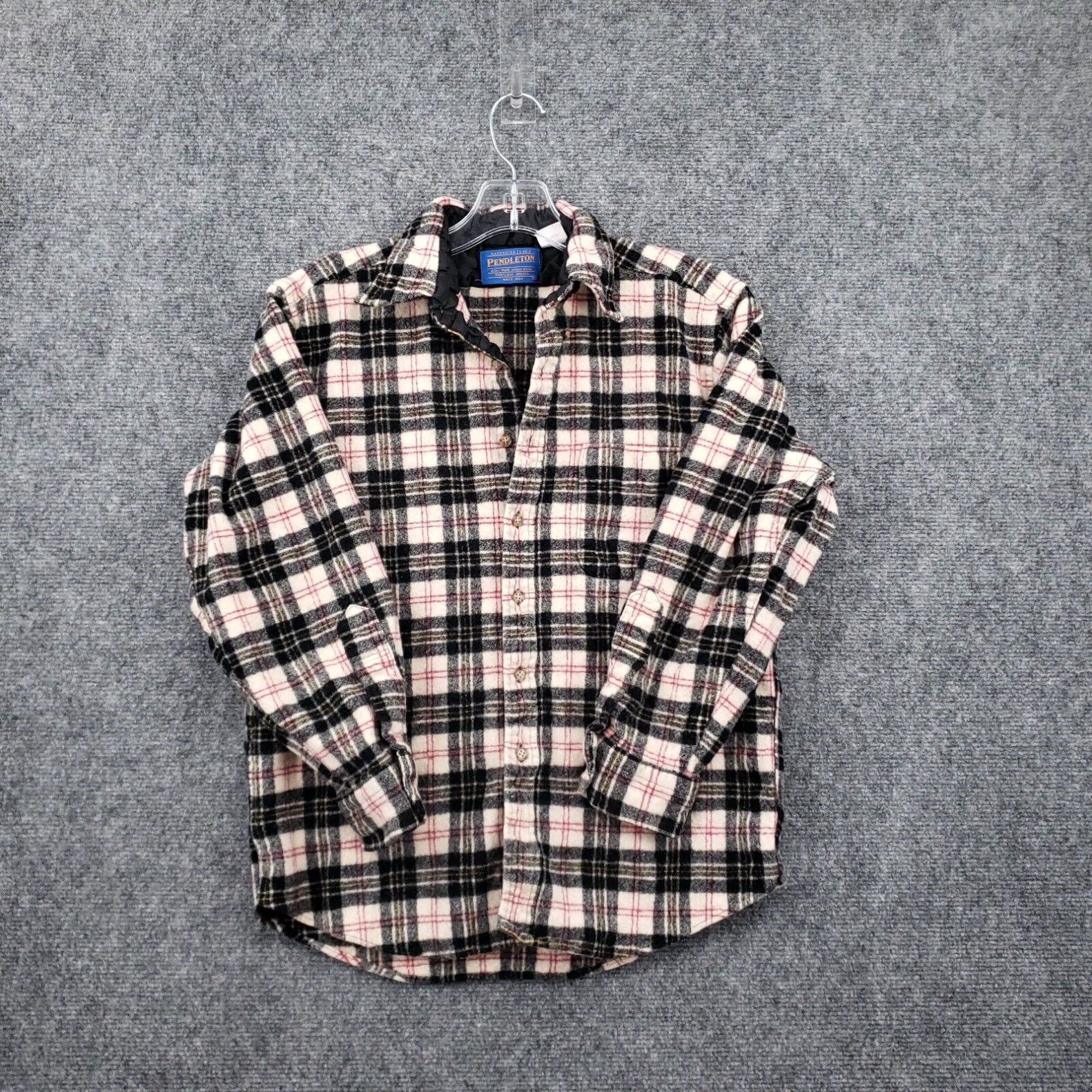 image of Pendleton Shirt Mens S Small Black Button-Up Plaid Flannel Virgin Wool Vintage in White