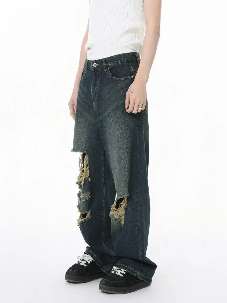 Japanese Brand Retro loose fringe straight leg jeans Size US 32 / EU 48 - 2 Thumbnail