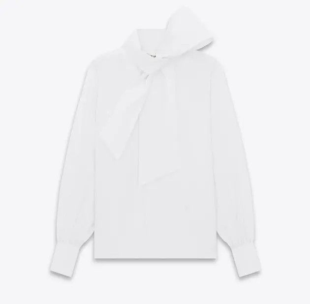 Saint Laurent Paris o1bcso1str0625 Lavalliere Neck Blouse In Cotton in White Size US XL / EU 56 / 4 - 3 Thumbnail
