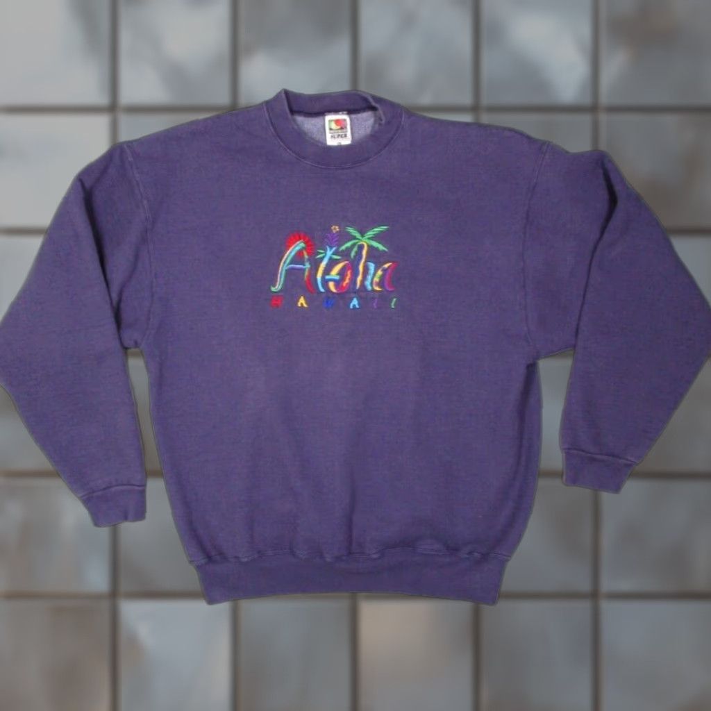 Fruit Of The Loom VINTAGE Fruit of the Loom Sweatshirt Mens XL Purple 90s Hawaii Aloha Beach City Retro Pullover Crew Neck Heavyweight Fleece Size US XL / EU 56 / 4 - 1 Thumbnail