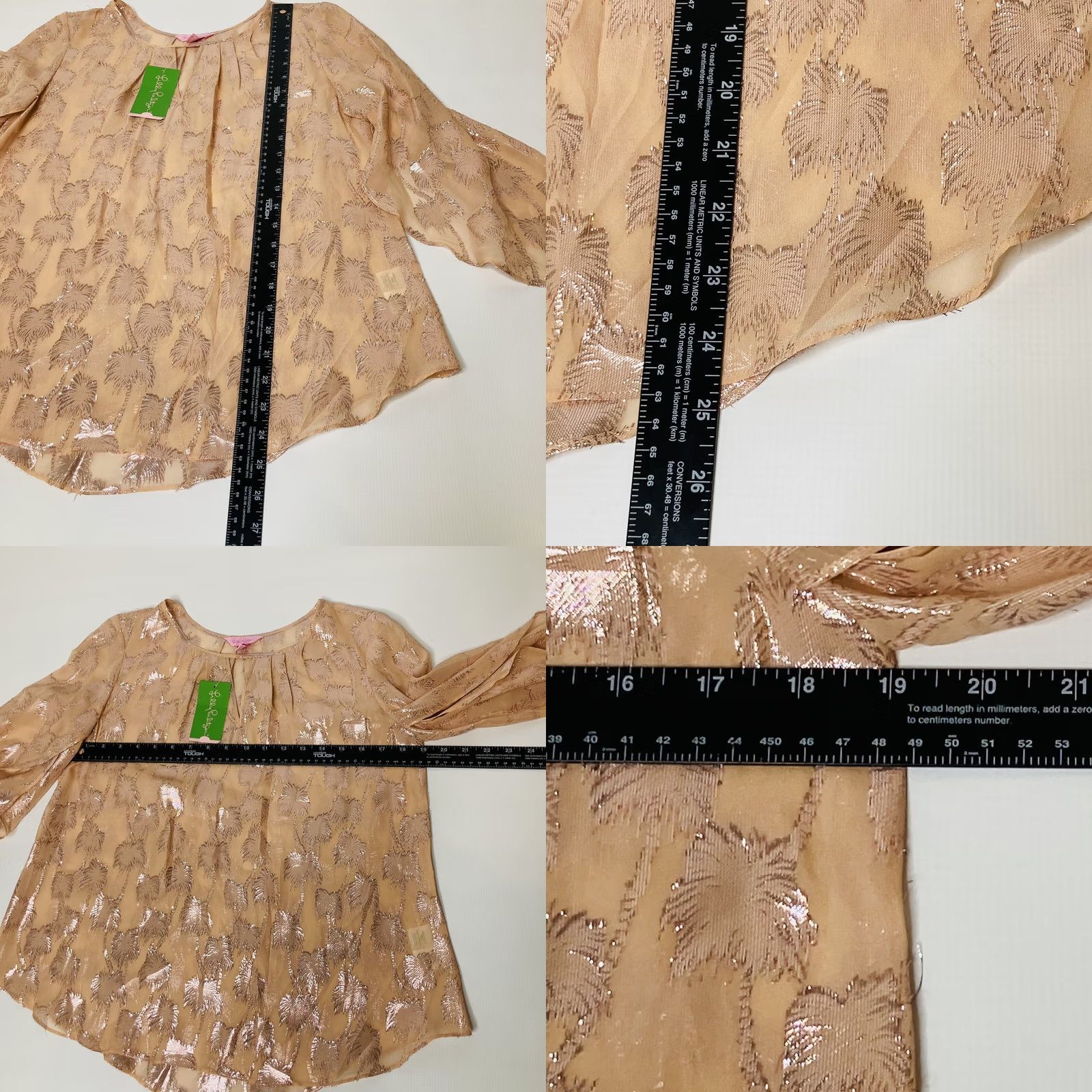 Lilly Pulitzer Lilly Pulitzer Blouse Size S Silk Beccer Peachy Pink & Shiny Metallic Palm Trees Short Flutter Sleeve Womens Size S / US 4 / IT 40 - 8 Thumbnail