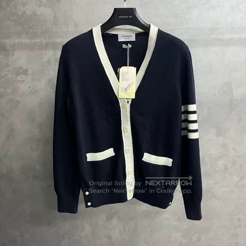 Thom Browne Thom Browne Blue striped floral jacquard V-neck knit sweat Size M / US 6-8 / IT 42-44 - 1 Thumbnail