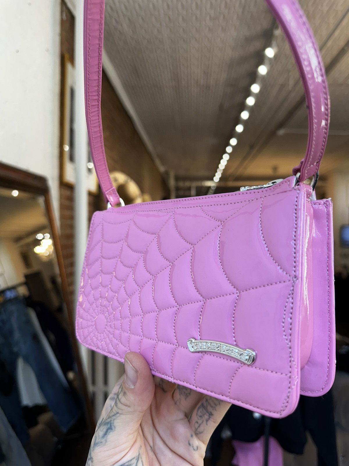 Chrome Hearts CHROME HEARTS PINK PATENT LEATHER NIGHT BAG SPIDER WEB Size ONE SIZE - 2 Thumbnail