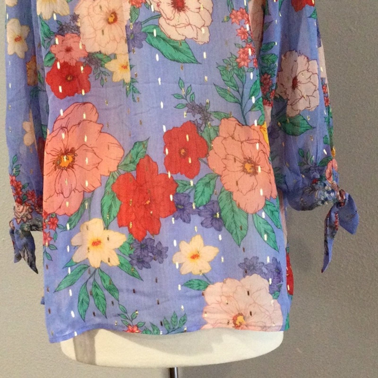 Other Figueroa & Flower Sheer Floral 3/4 Tie Sleeve Blouse Size 1X Size XL / US 12-14 / IT 48-50 - 9 Thumbnail
