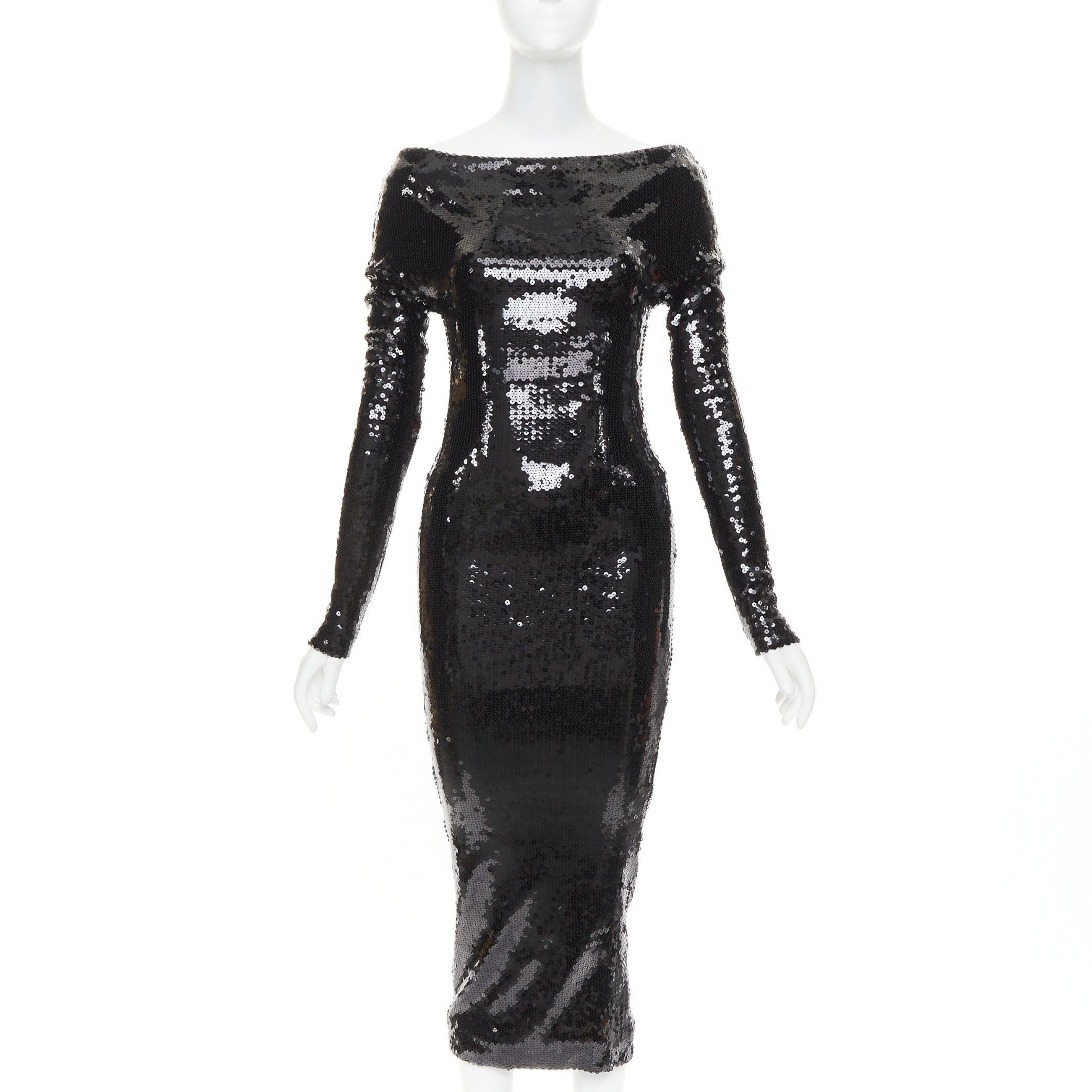 Alexandre Vauthier ALEXANDRE VAUTHIER SS2023 Runway black sequinned off shoulder bodycon stretch midi dress Size S / US 4 / IT 40 - 1 Thumbnail