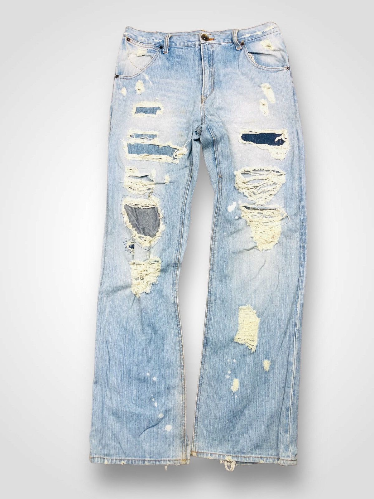 Japanese Brand EXHIBITIONIST Ripped Distressed Light Wash Jeans (37) Size US 31 - 1 Thumbnail