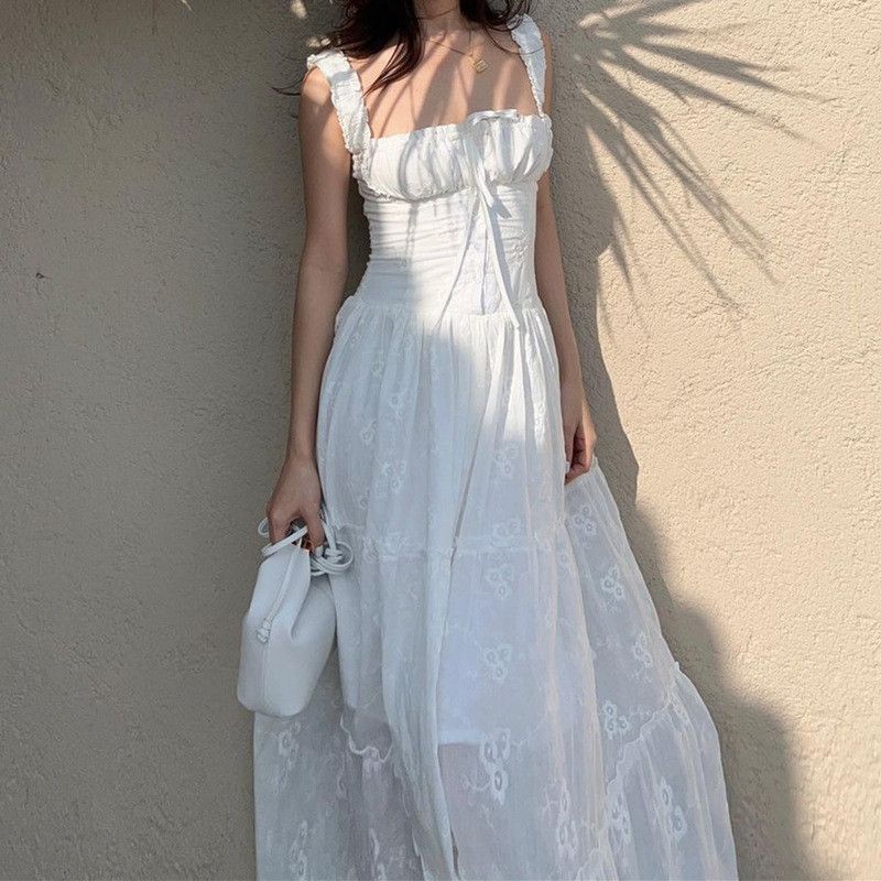 image of Vintage Stylish Square Collar Slim Lazy Holiday Dress in White, Women's (Size Medium)
