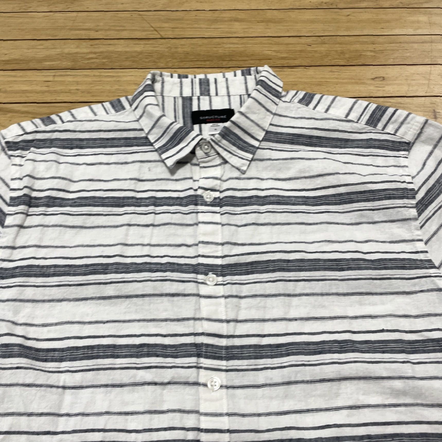 Nautica VINTAGE Structure Linen Button Shirt Men XL Slim Fit Gray White Striped Preppy Nautical Shirt Mens Slim Fit Linen Button-Up Shirt Size US XL / EU 56 / 4 - 4 Thumbnail