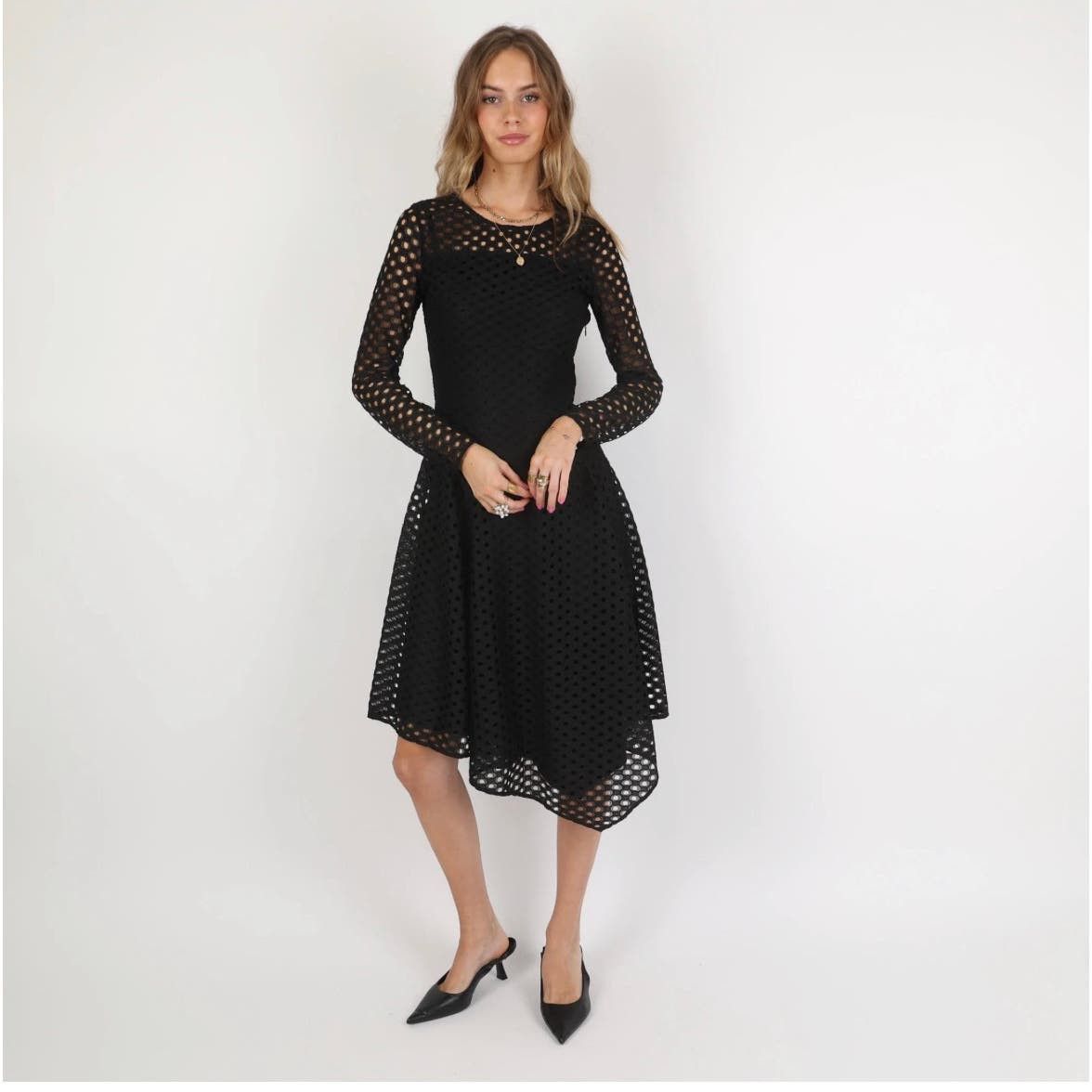 Image of Maje Rana Black Eyelet Lace Semi Sheer Midi Dress, Women's (Size XS)