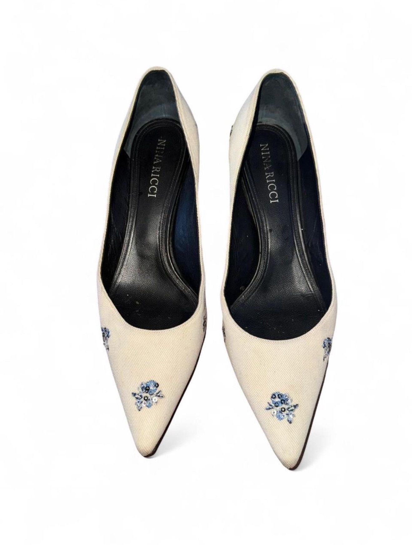 Nina Ricci kitten heel Canvas denim pumps with floral sequin