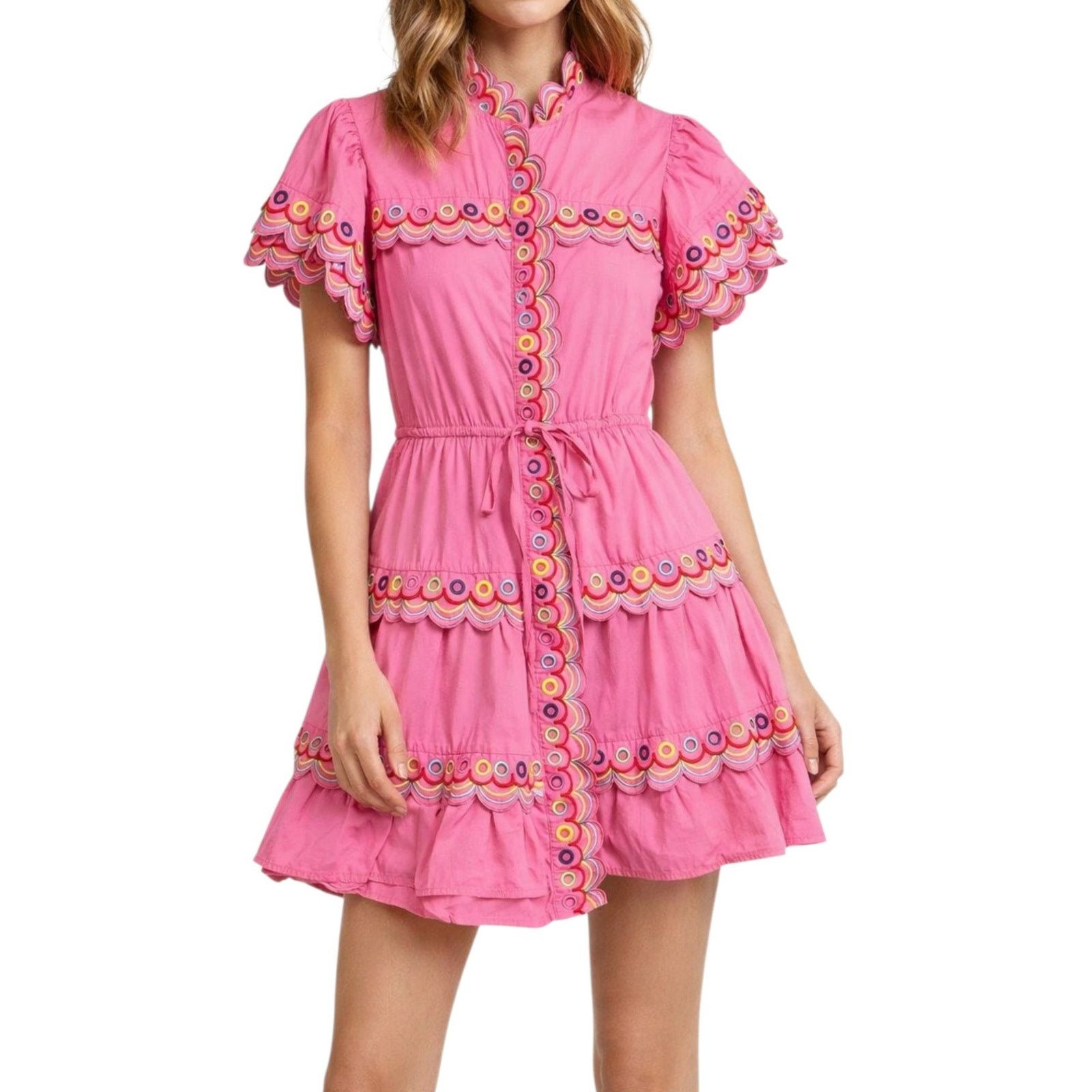 Other CeliaB Pink Ruffled Scalloped Embroidered Cotton Mini Dress Size S / US 4 / IT 40 - 1 Thumbnail
