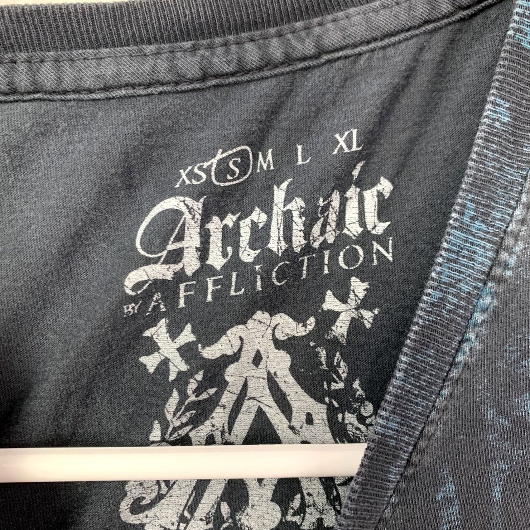 Affliction Archaic by Affliction T-Shirt Womens S Blue Black Crew Neck Graphic Print Rhinestone Studded Distressed Cap Sleeve 100 Cotton Casual Grunge Boho Size S / US 4 / IT 40 - 4 Thumbnail