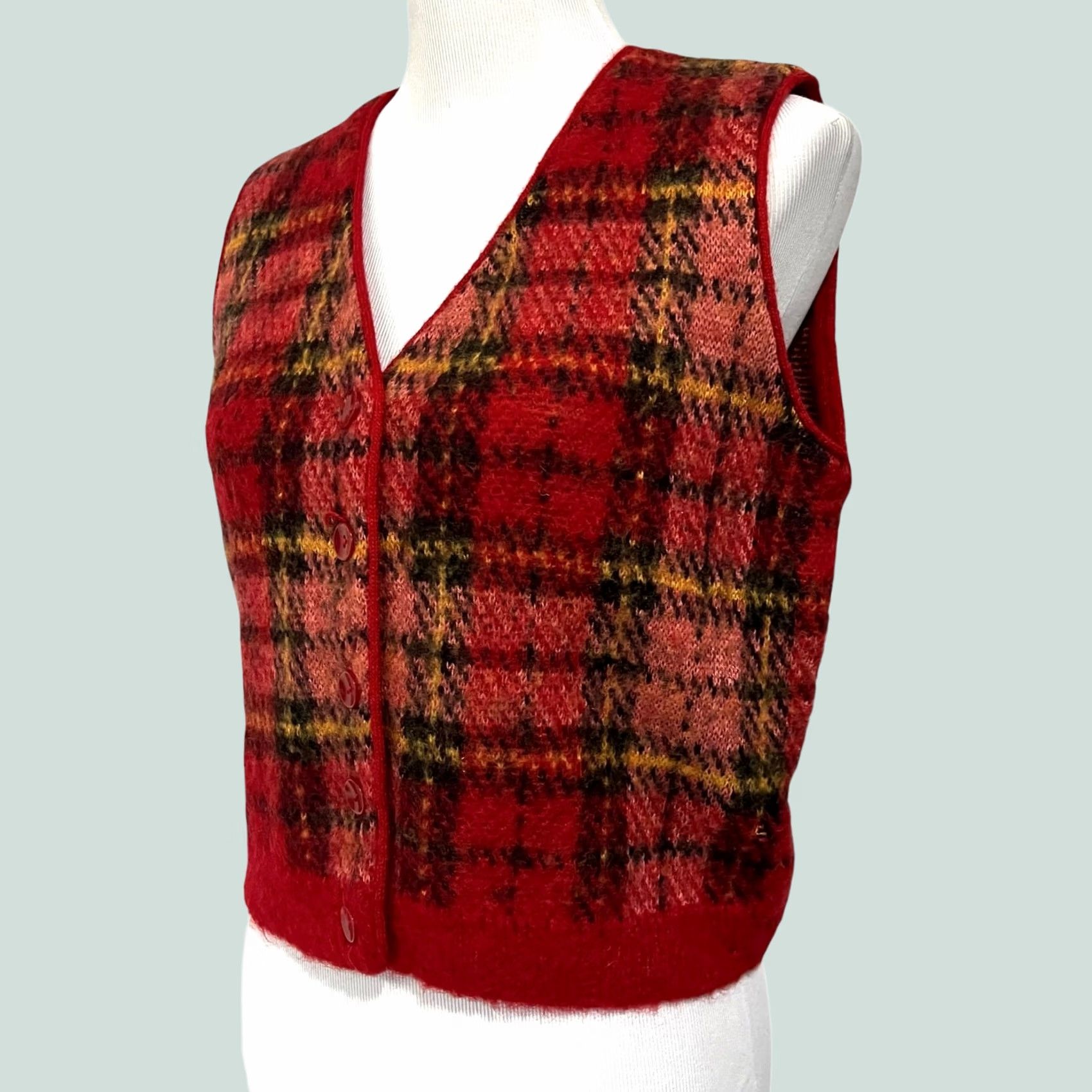 Vintage VINTAGE Liz Sport Sweater Vest Shirt Vest Womens S Red Plaid Mohair Blend Boxy 90s Academia Nerd University Size S / US 4 / IT 40 - 1 Thumbnail