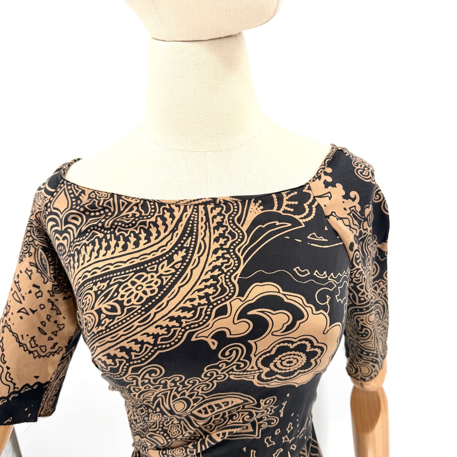 Etro Vintage Y2K Black Copper Silk Stretch Ruched Paisley Dress Size XS / US 0-2 / IT 36-38 - 2 Thumbnail