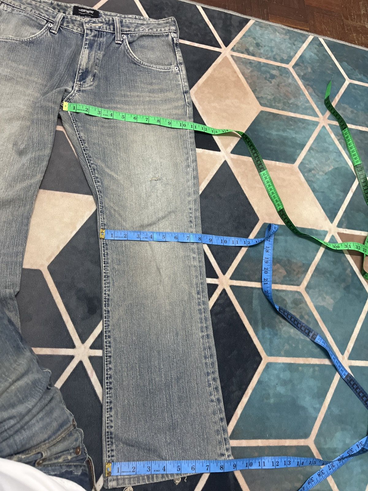 Le Grande Bleu (L.G.B.) 💥Vintage Trashed Wrangler Distressed FLARE Jeans Size US 31 - 14 Thumbnail