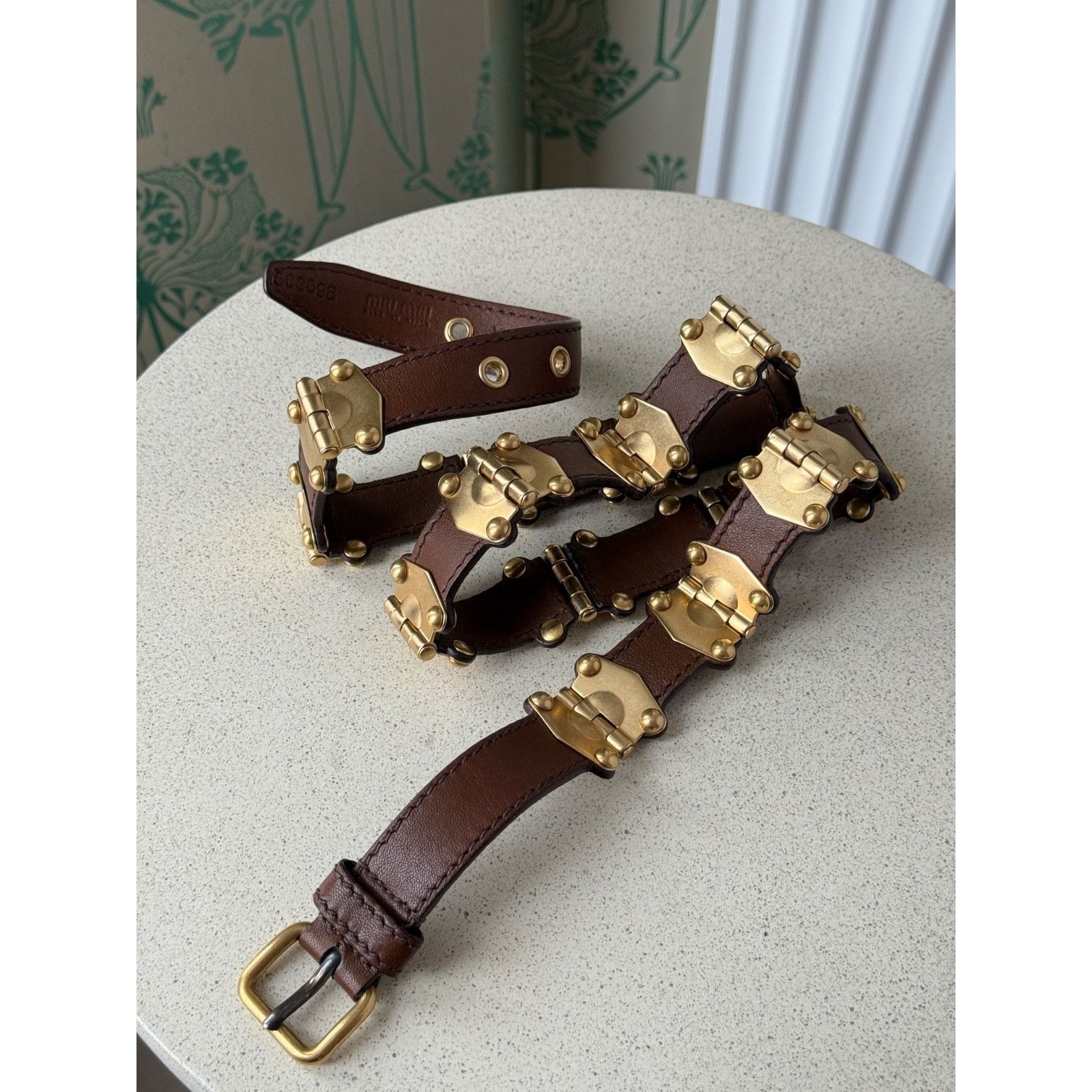 Miu Miu Miu Miu Leather Studded Grommet Buckle Brown Gold Belt 90/36 Size ONE SIZE - 12 Thumbnail