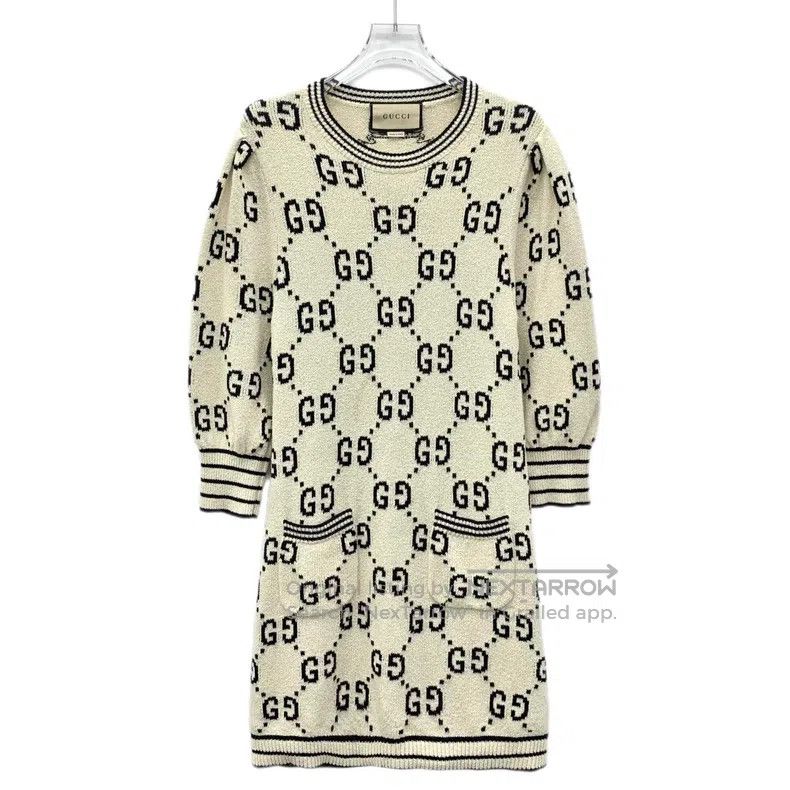 Gucci Gucci Beige logo jacquard full print cotton round neck lon Size S / US 4 / IT 40 - 1 Thumbnail