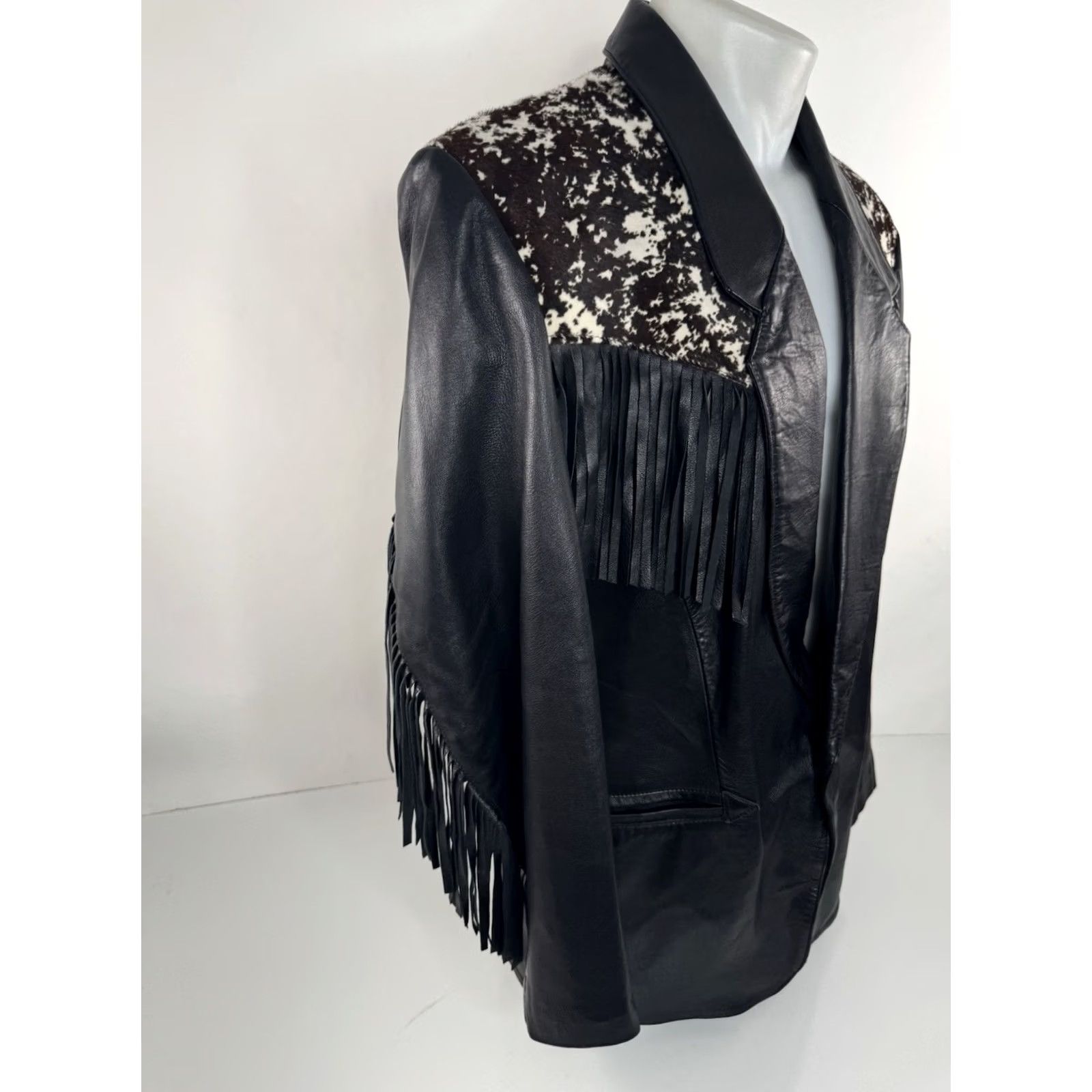 Vintage MICHAEL HOBAN Fringe LEATHER Western Cowhide 40 Blazer Jacket - EXCELLENT Size 40R - 3 Thumbnail