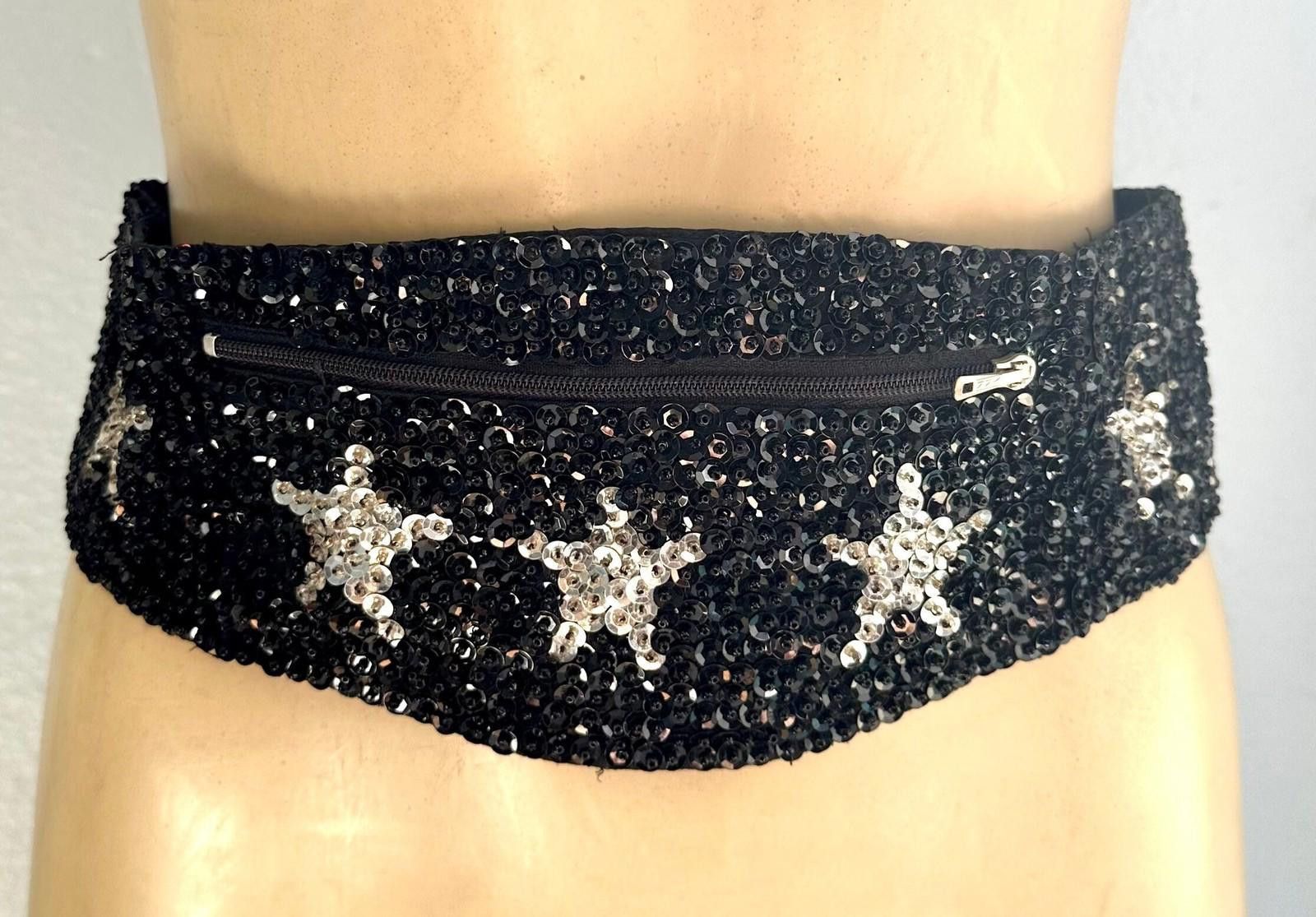 Designer Sequin Cummerbund Fashion Belt Black with Silver Stars Size ONE SIZE - 1 Thumbnail