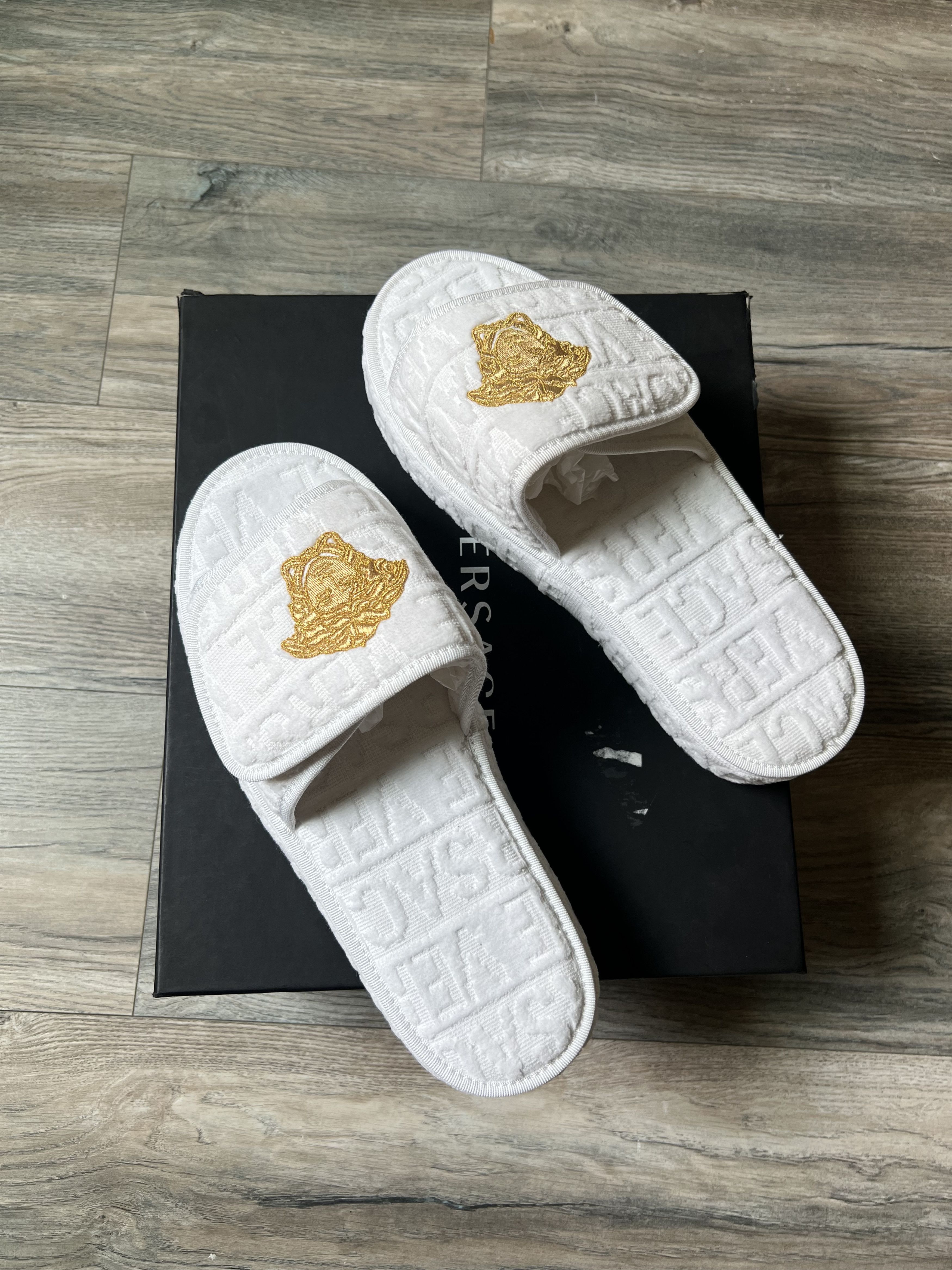 Versace Versace White/Gold Medusa Slippers/Slides | Grailed