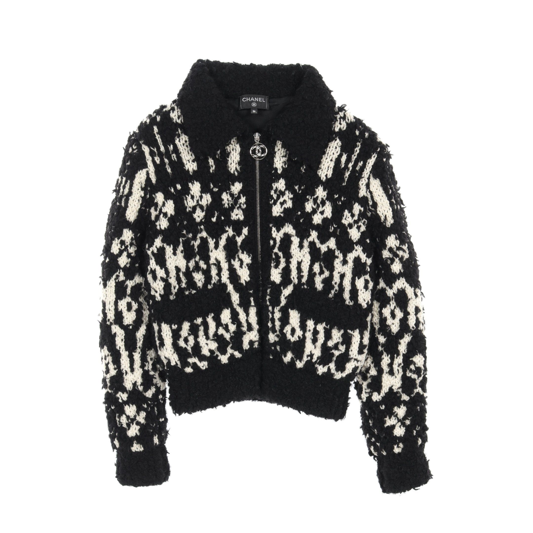 Chanel Chanel Knit Jacket Wool Cashmere Silk Black White Zip Up Size ONE SIZE - 1 Thumbnail