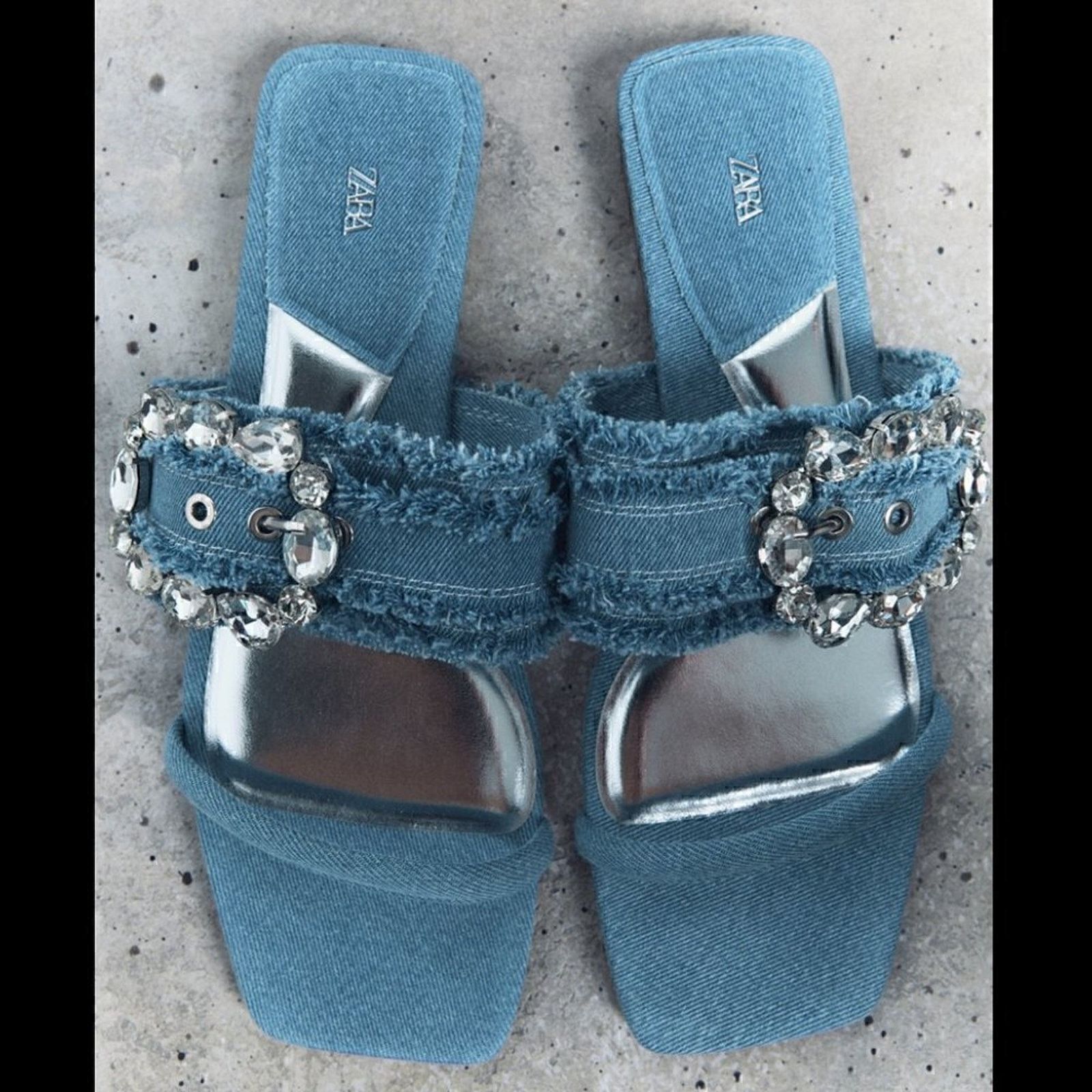 Zara ZARA Embellished Denim Slide Sandals NWT Size US 6.5 / IT 36.5 - 9 Thumbnail