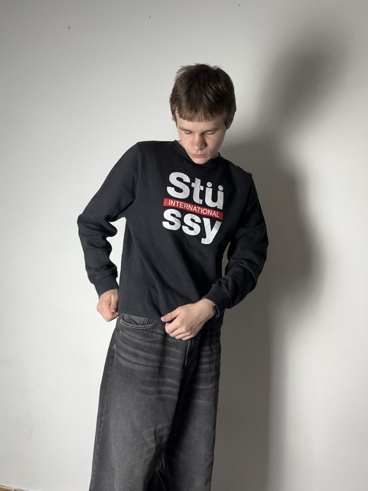 image of Made In USA x Stussy Vintage Big Logo Boxy Hooded Sweatshirt 90’S Usa in Black, Men's (Size Large)