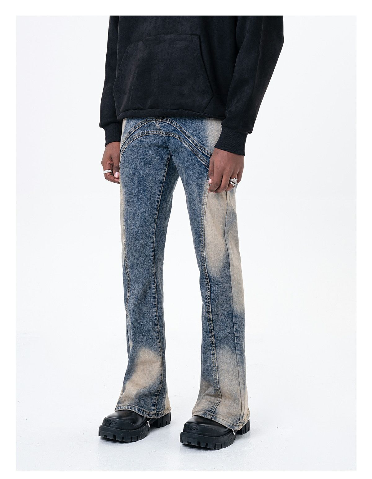 washed distressed flared tie dye jeans