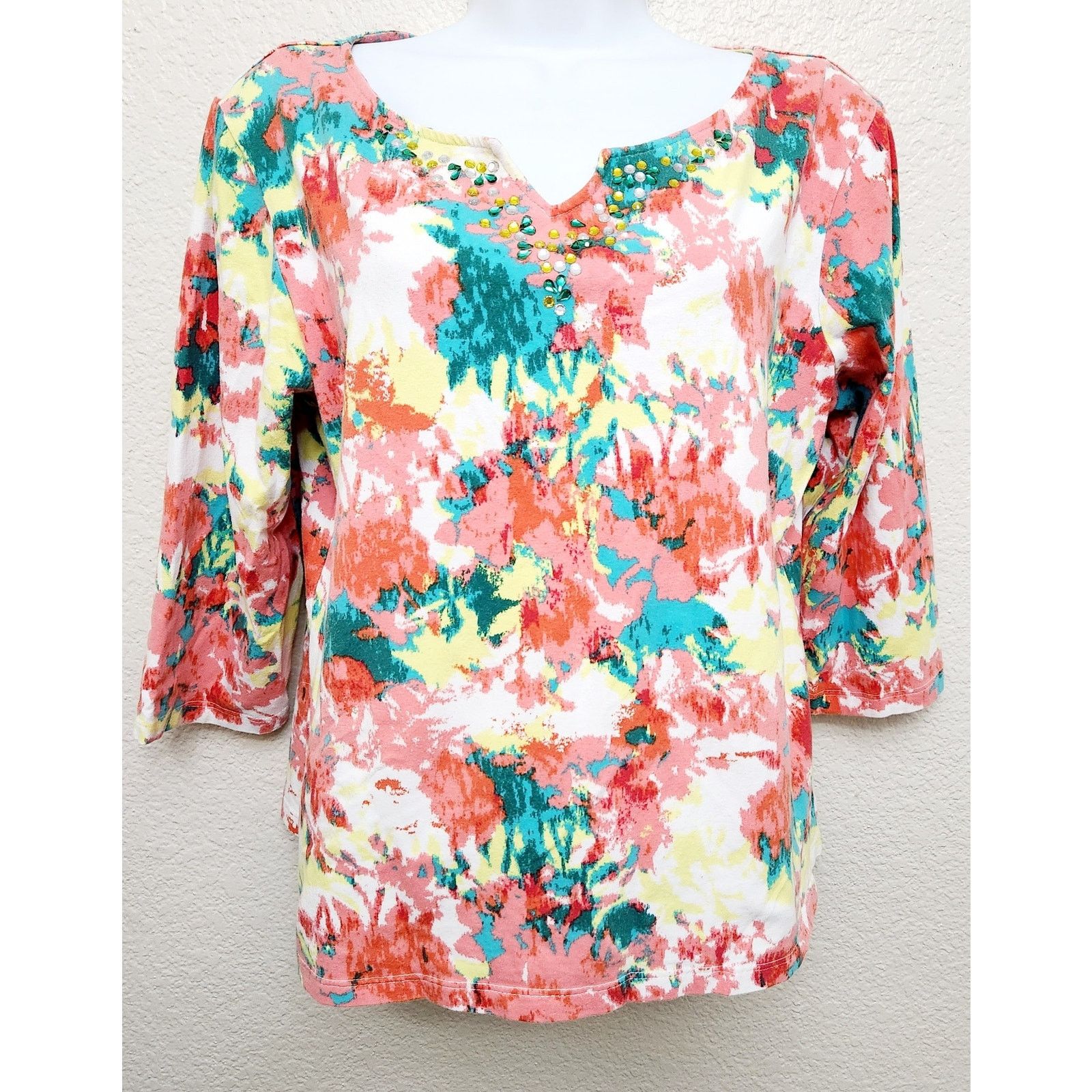 Other Ruby Rd. Pink Teal Yellow Abstract Rhinestone Bodice Top L Size L / US 10 / IT 46 - 1 Thumbnail